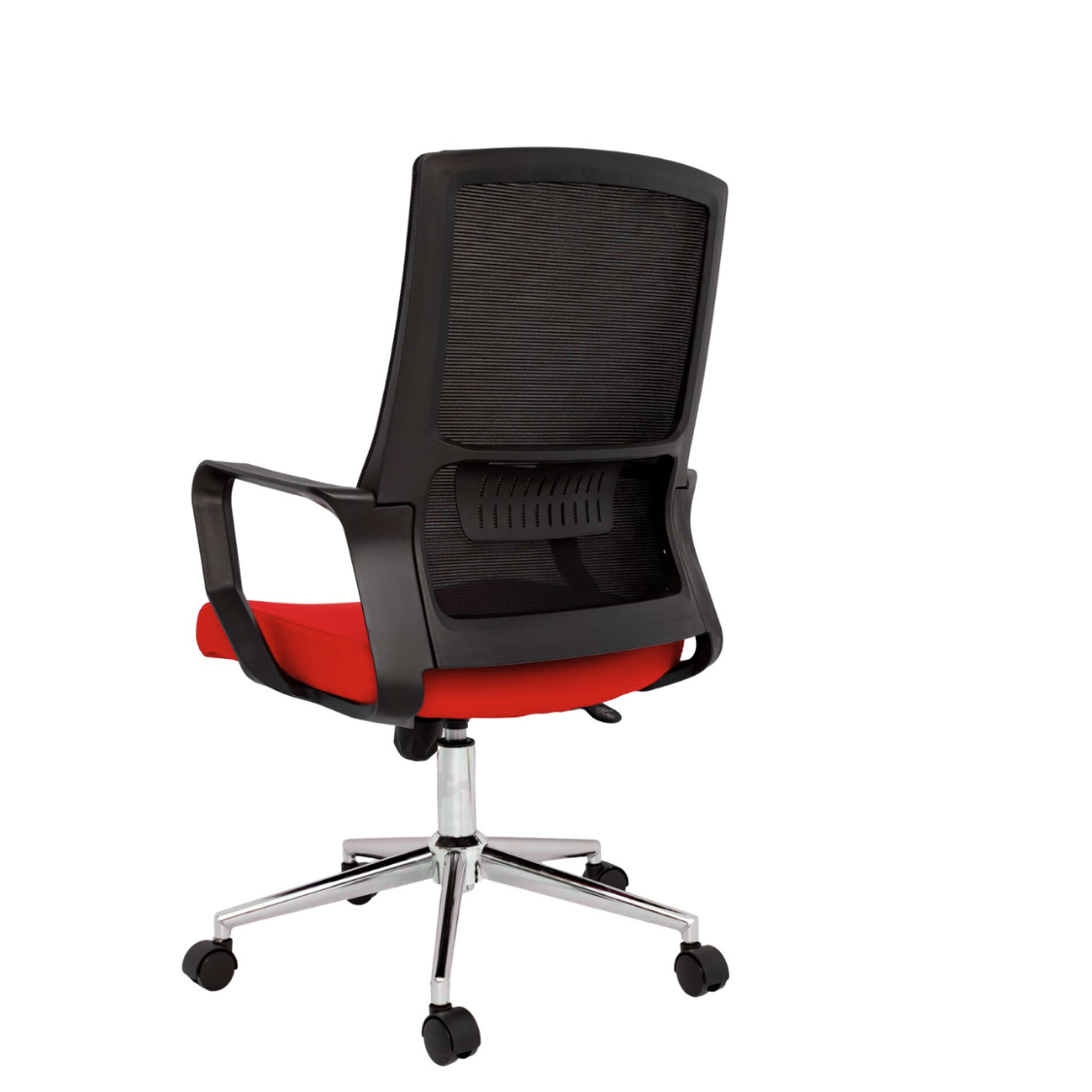 Silla Operativa Zoom Baja OffiMobile, asiento rojo, estructura y malla negras, base cromada, vista posterior oblicua.