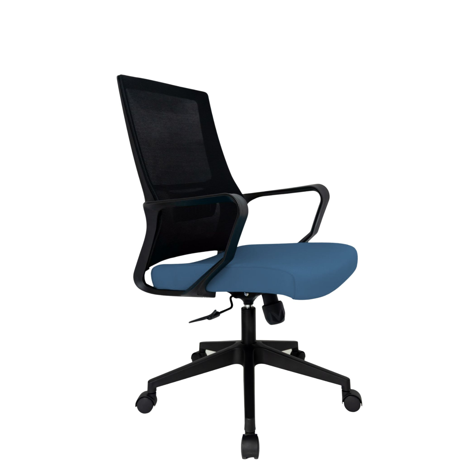 Silla Operativa Zoom Baja OffiMobile, asiento azul, estructura y malla negras, base negra, vista frontal oblicua.