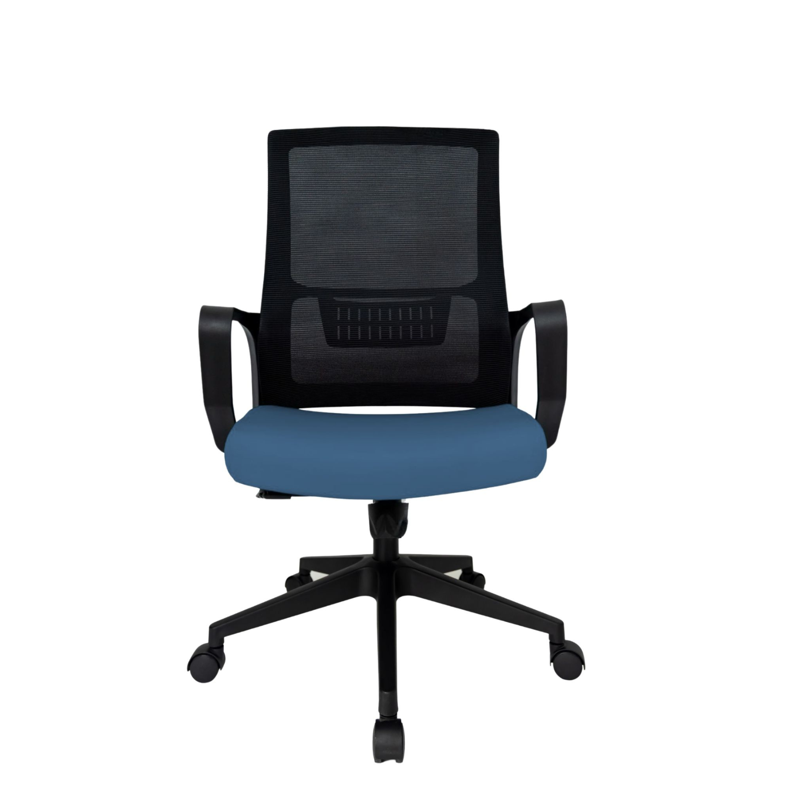 Silla Operativa Zoom Baja OffiMobile, asiento azul, estructura y malla negras, base negra, vista frontal.
