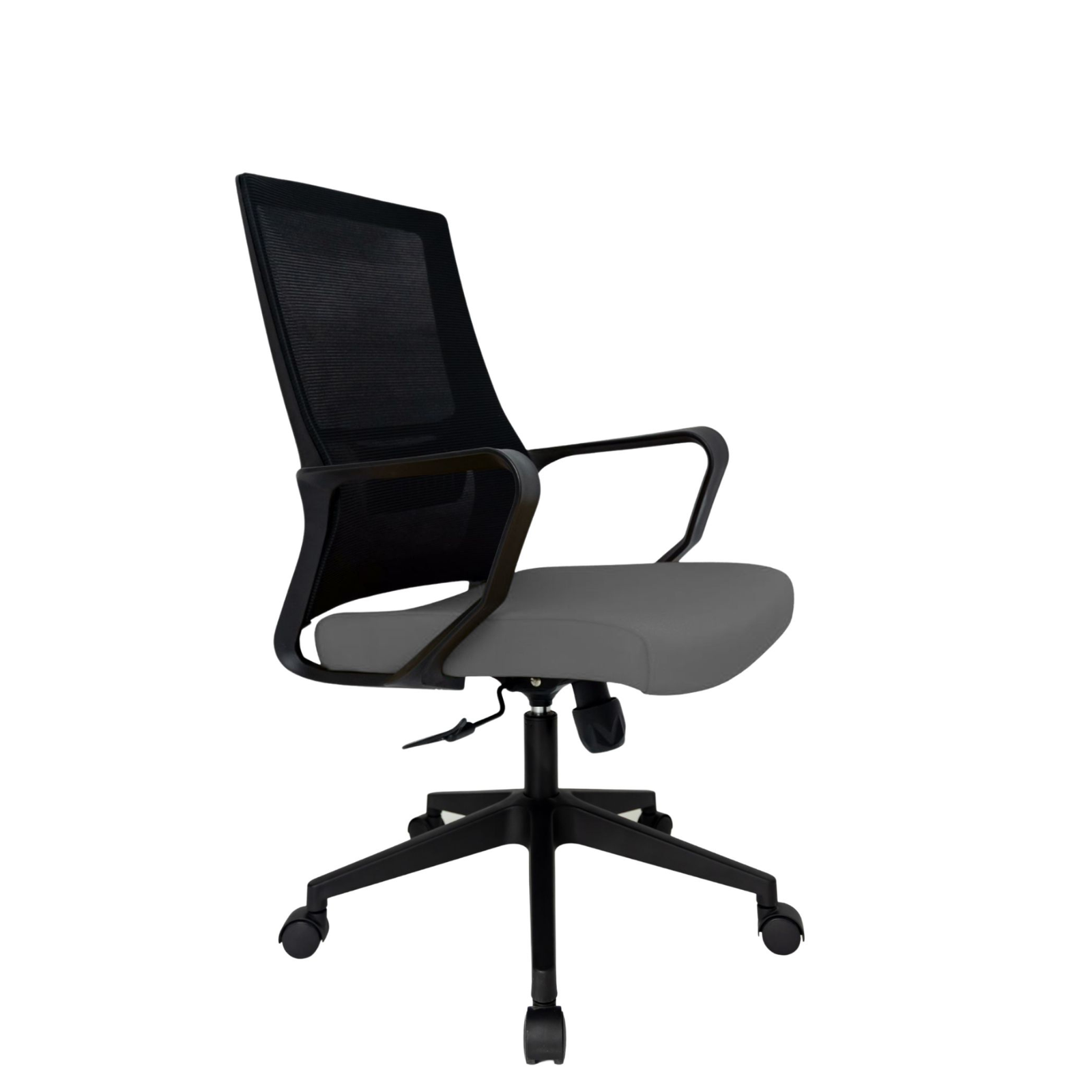Silla Operativa Zoom Baja OffiMobile, asiento gris, estructura y malla negras, base negra, vista frontal oblicua.