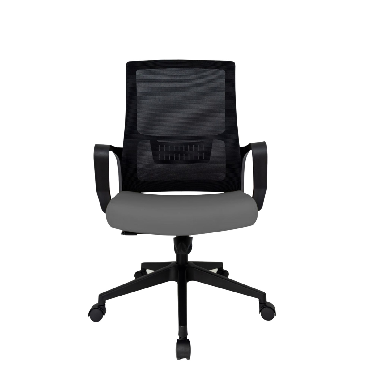 Silla Operativa Zoom Baja OffiMobile, asiento gris, estructura y malla negras, base negra, vista frontal.