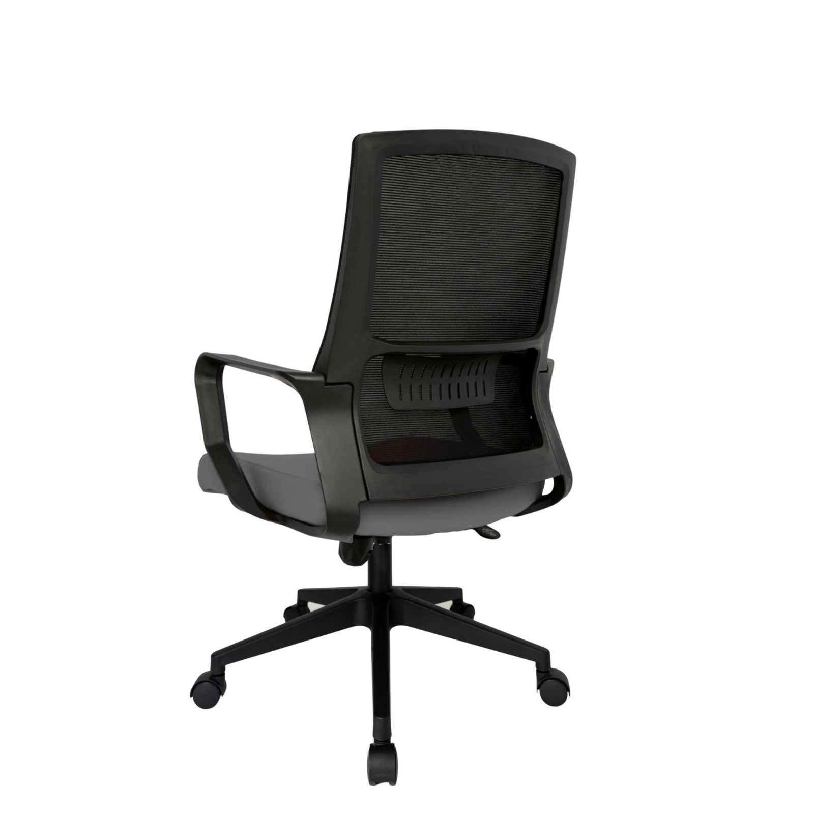 Silla Operativa Zoom Baja OffiMobile, asiento gris, estructura y malla negras, base negra, vista posterior oblicua.