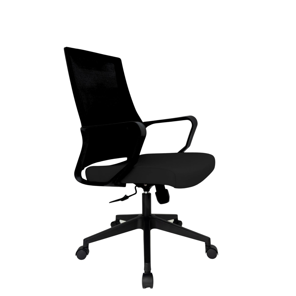 Silla Operativa Zoom Baja OffiMobile, asiento negro, estructura y malla negras, base negra, vista frontal oblicua.