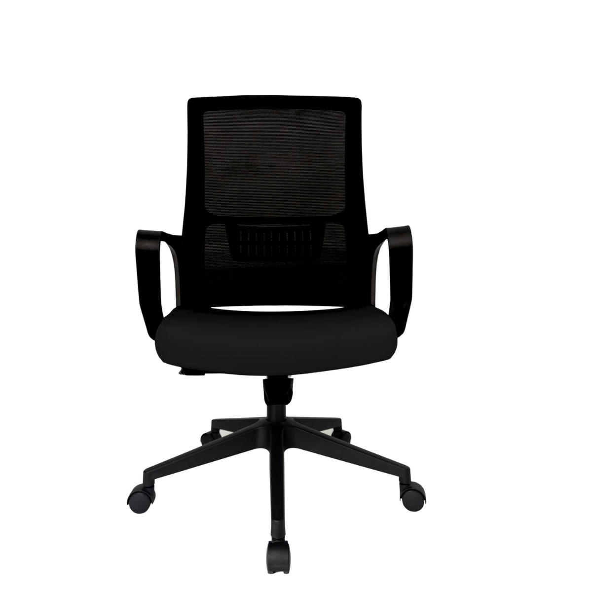 Silla Operativa Zoom Baja OffiMobile, asiento negro, estructura y malla negras, base negra, vista frontal.