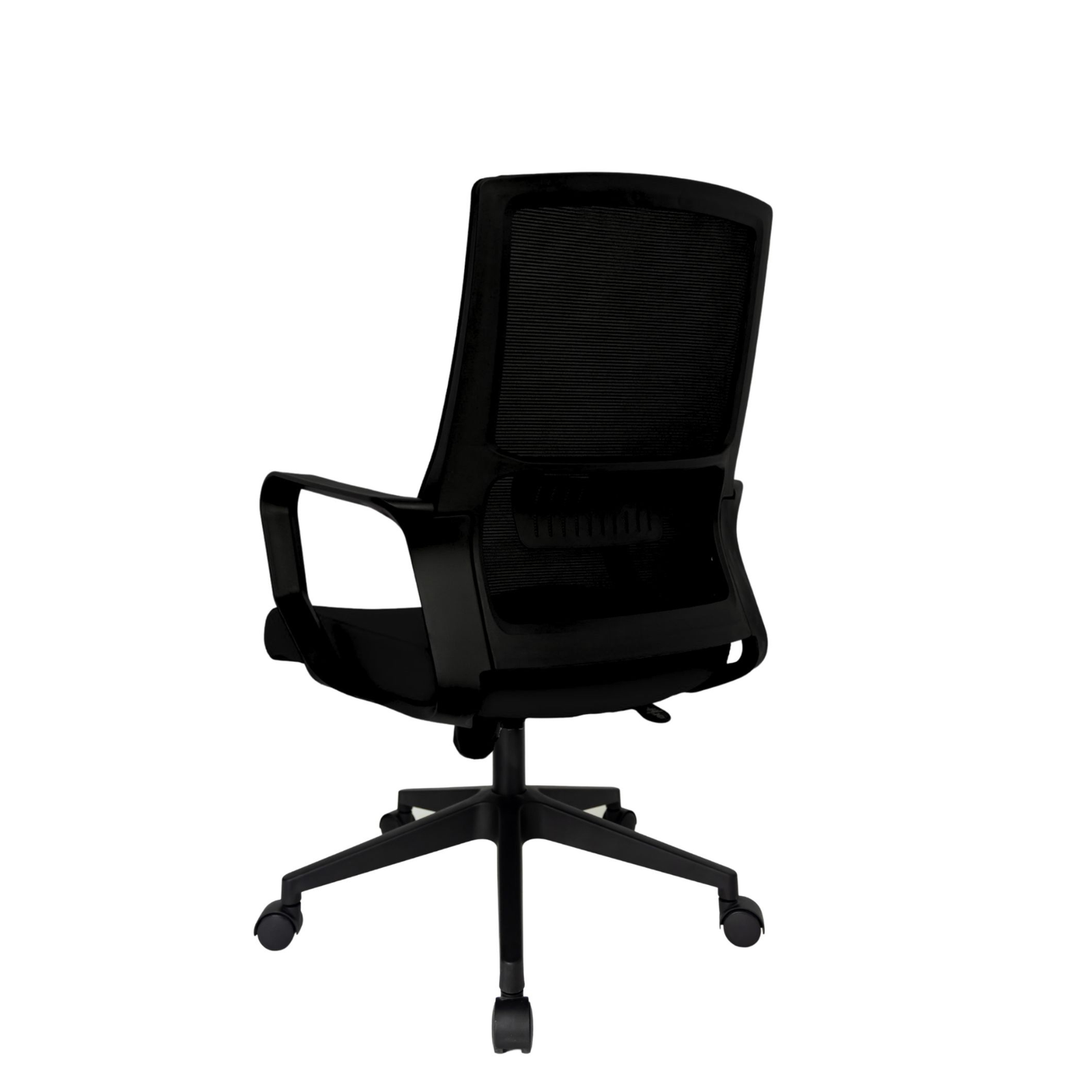 Silla Operativa Zoom Baja OffiMobile, asiento negro, estructura y malla negras, base negra, vista posterior oblicua.