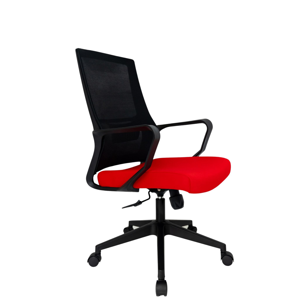 Silla Operativa Zoom Baja OffiMobile, asiento rojo, estructura y malla negras, base negra, vista frontal oblicua.