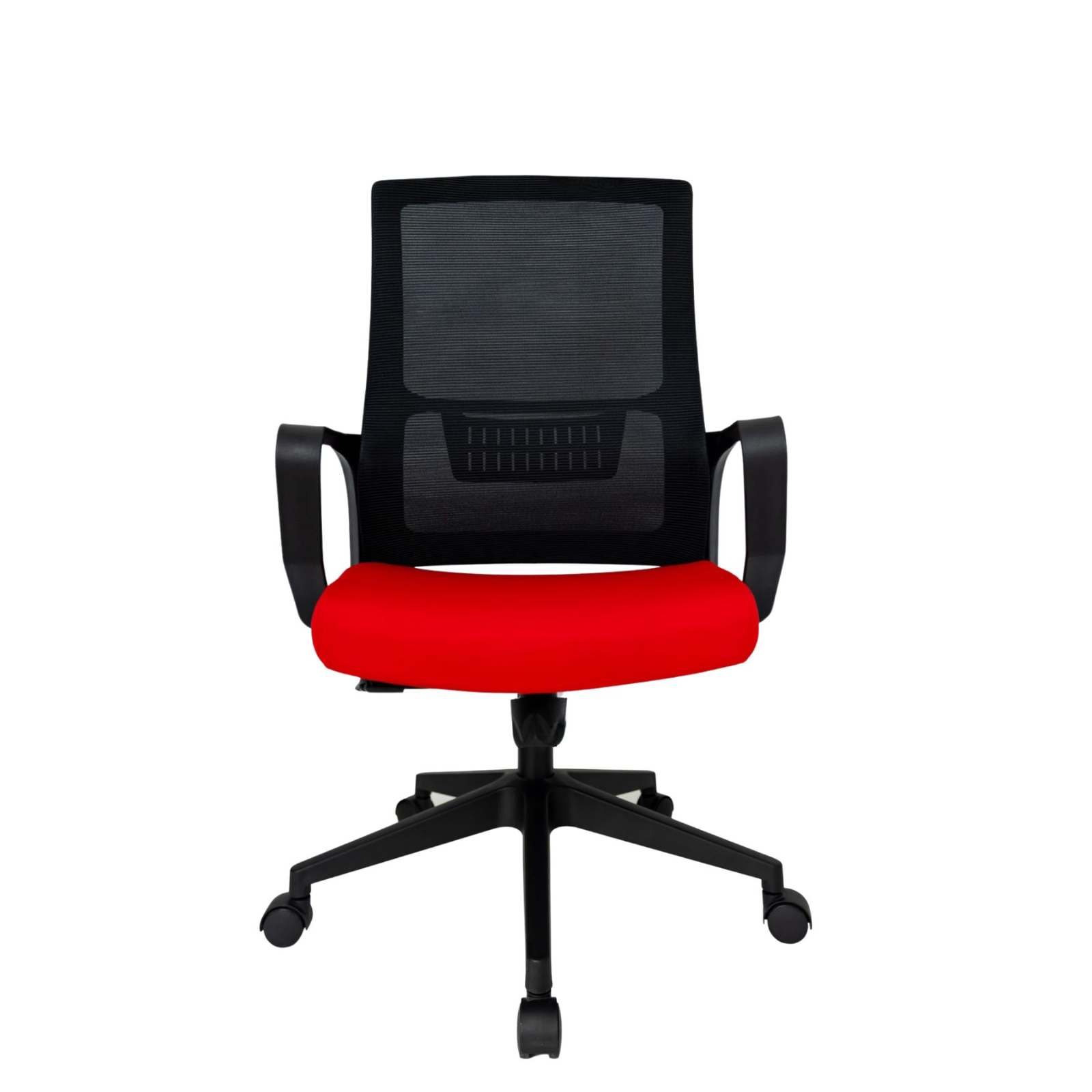 Silla Operativa Zoom Baja OffiMobile, asiento rojo, estructura y malla negras, base negra, vista frontal.