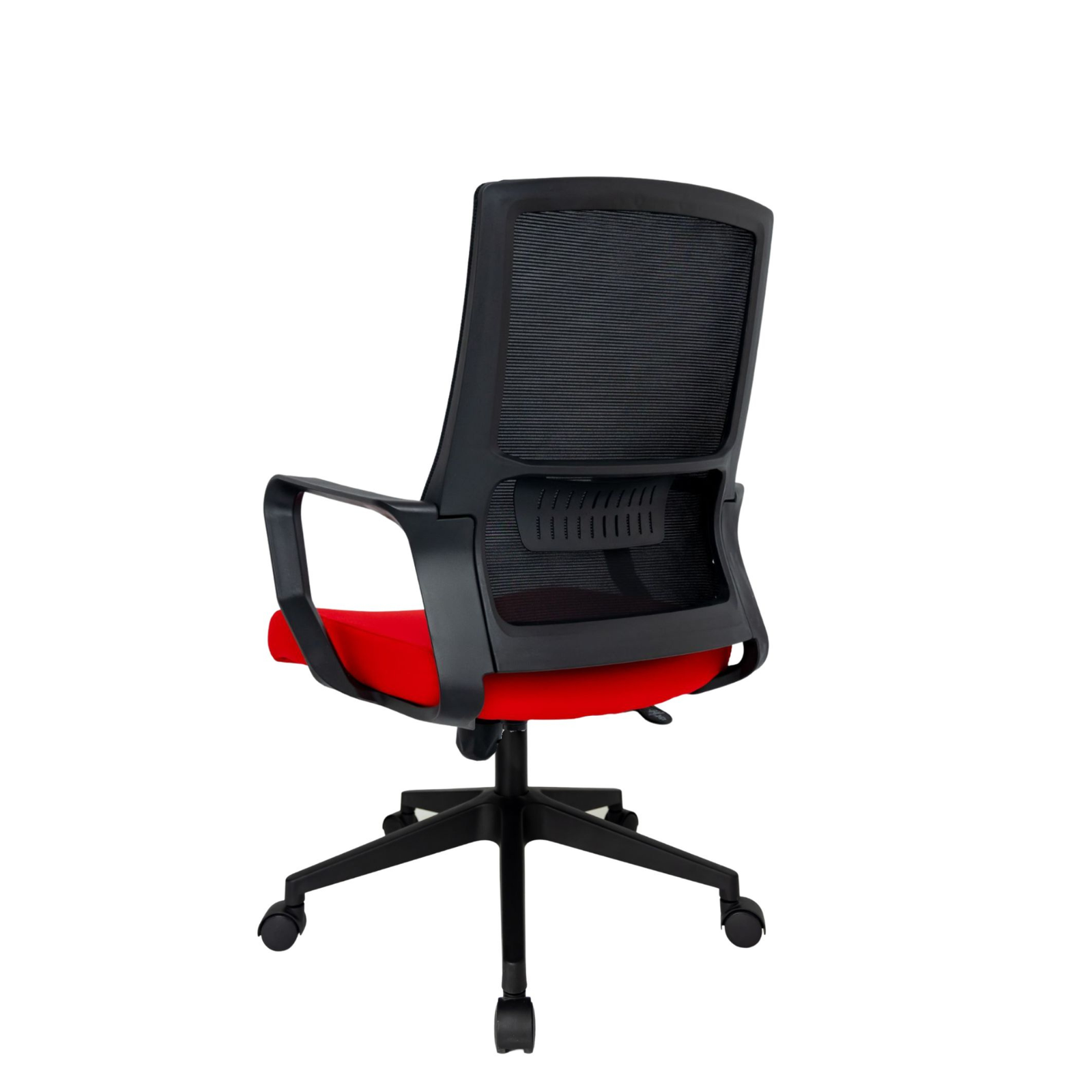 Silla Operativa Zoom Baja OffiMobile, asiento rojo, estructura y malla negras, base negra, vista posterior oblicua.