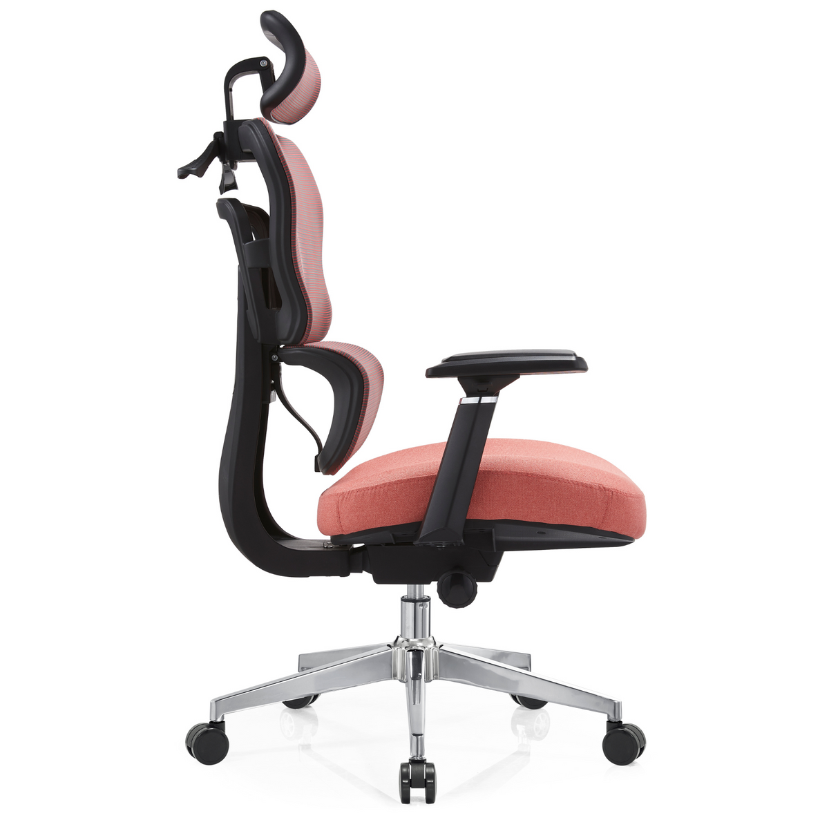 Silla Zoe Alta OffiMobile, tapiz Coral, base cromada, vista lateral