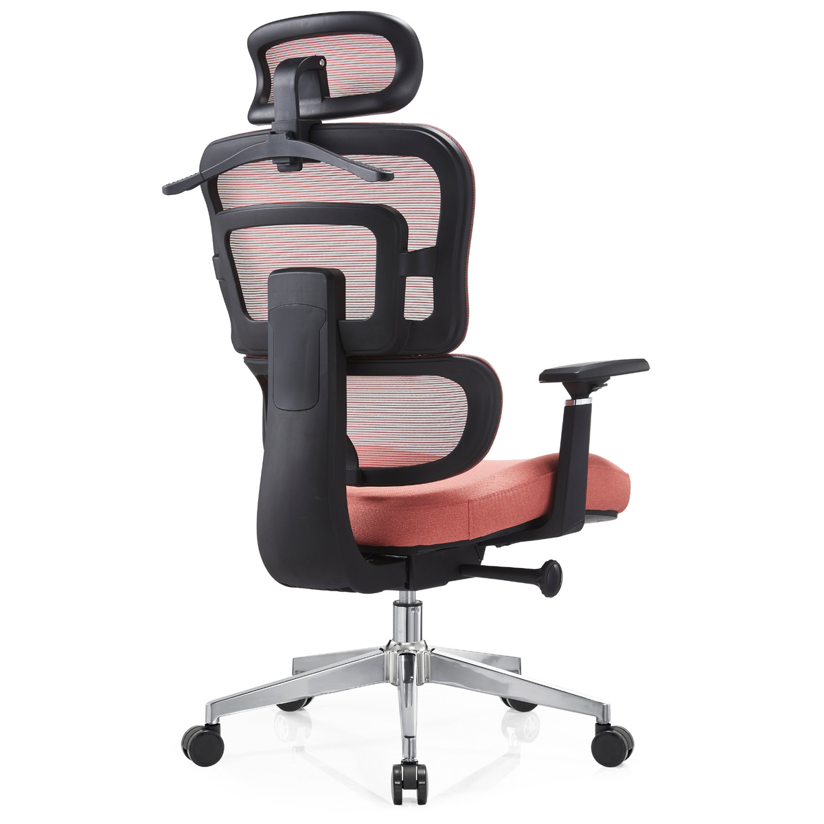 Silla Zoe Alta OffiMobile, tapiz Coral, base cromada, vista posterior oblicua