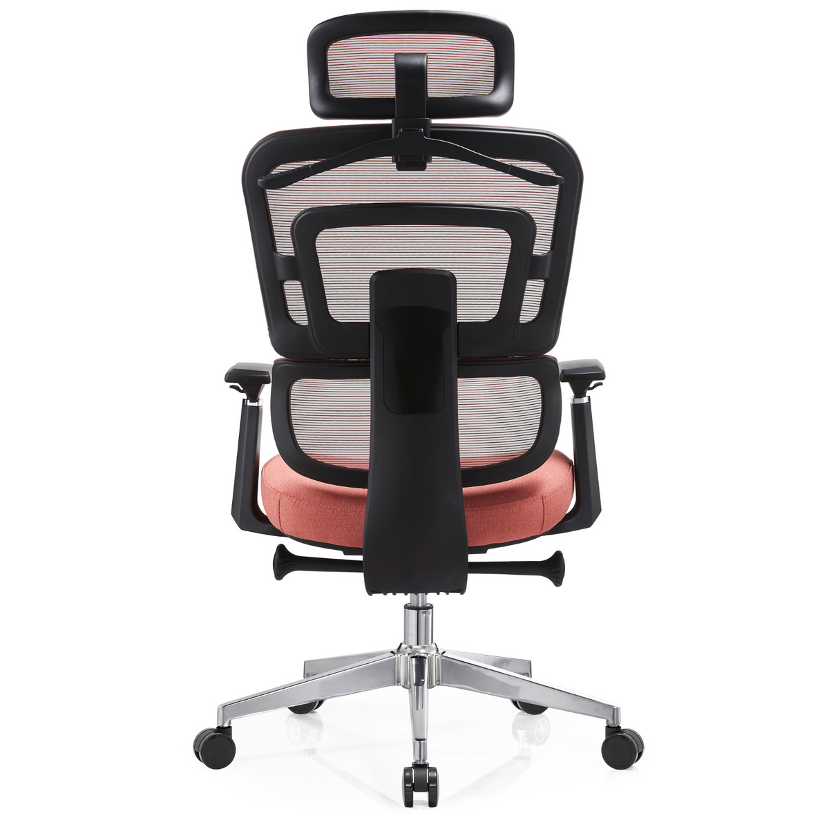Silla Zoe Alta OffiMobile, tapiz Coral, base cromada, vista posterior