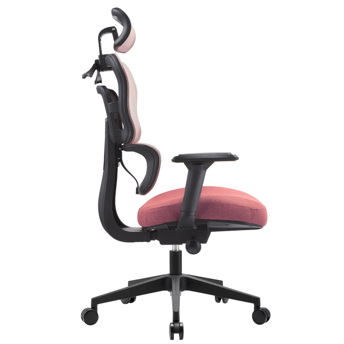 Silla Zoe Alta OffiMobile, tapiz Coral, base negra, vista lateral