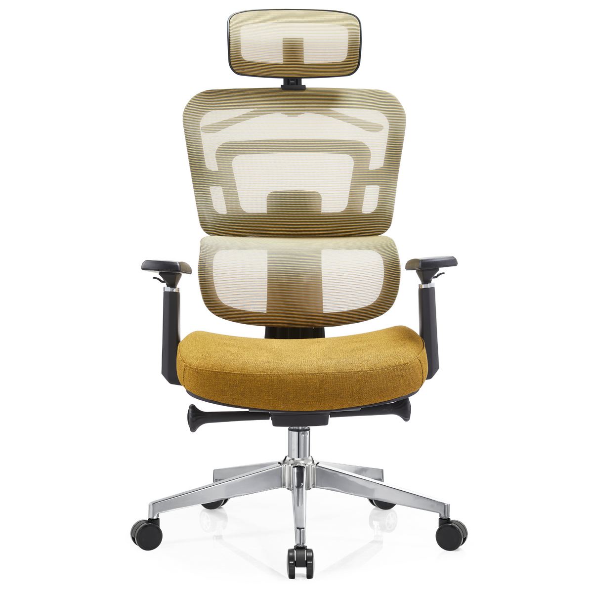 Silla Zoe Alta OffiMobile, tapiz Mostaza, base cromada, vista frontal