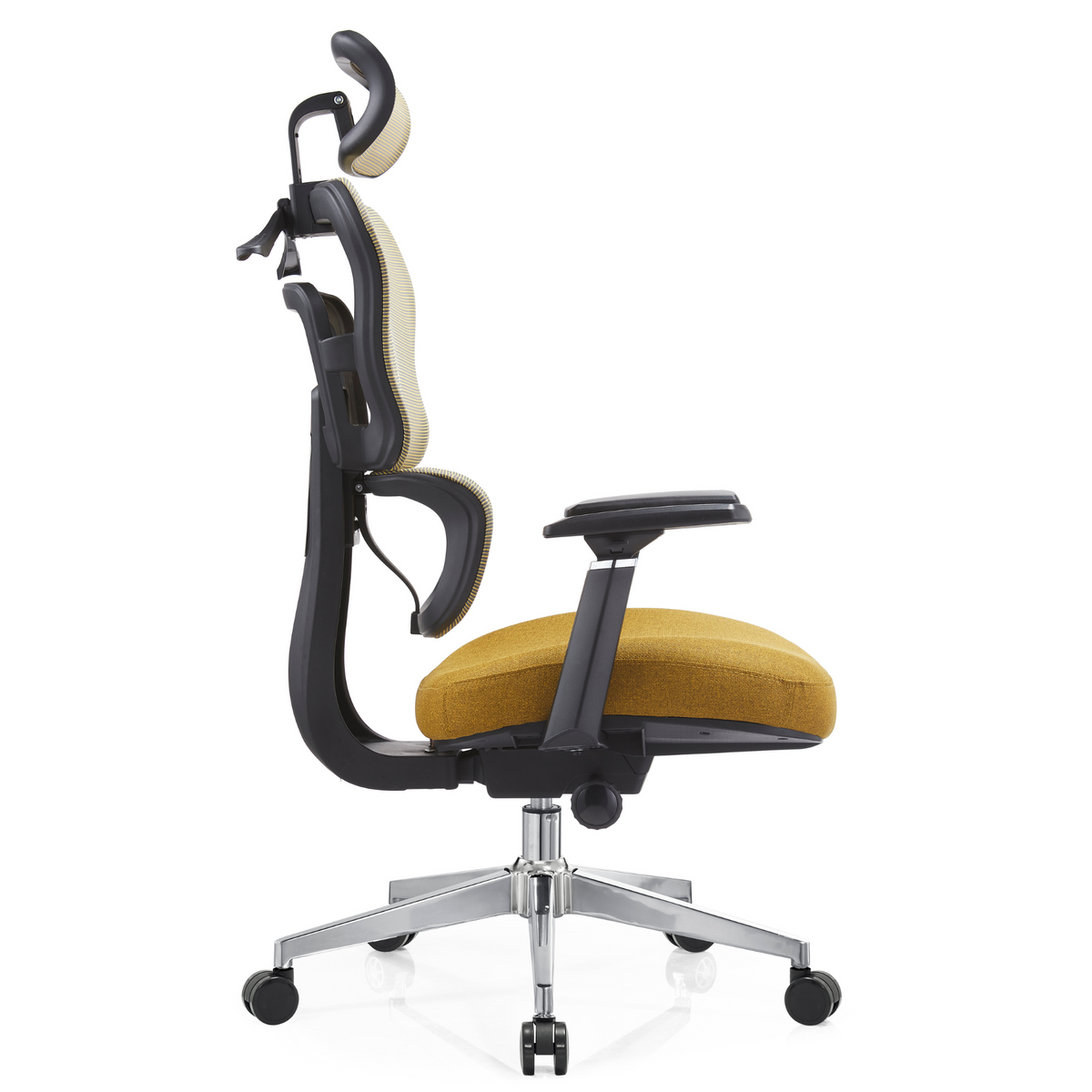Silla Zoe Alta OffiMobile, tapiz Mostaza, base cromada, vista lateral