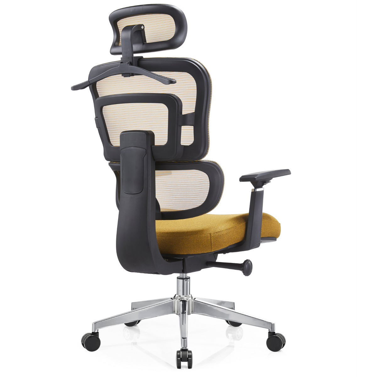 Silla Zoe Alta OffiMobile, tapiz Mostaza, base cromada, vista posterior oblicua