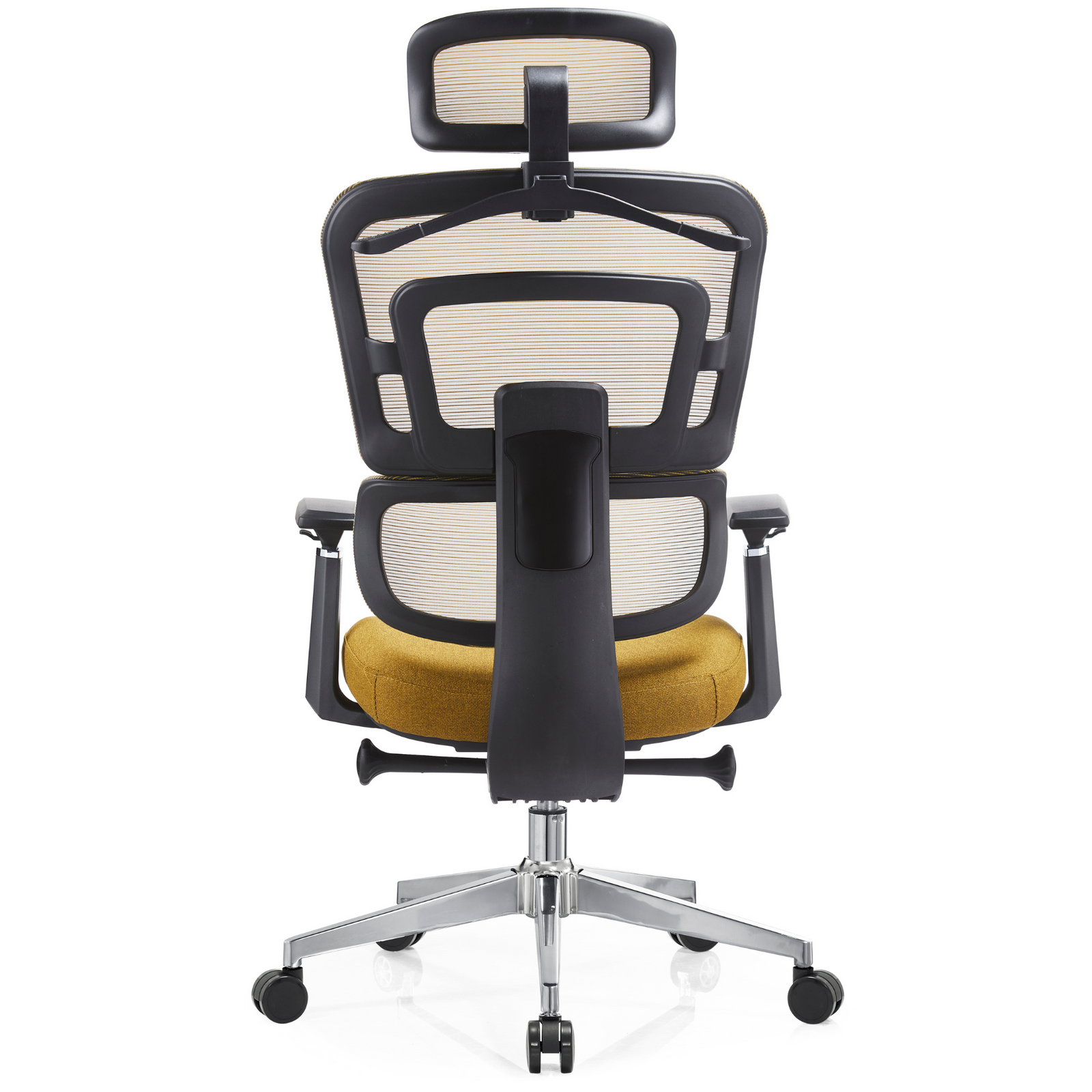 Silla Zoe Alta OffiMobile, tapiz Mostaza, base cromada, vista posterior