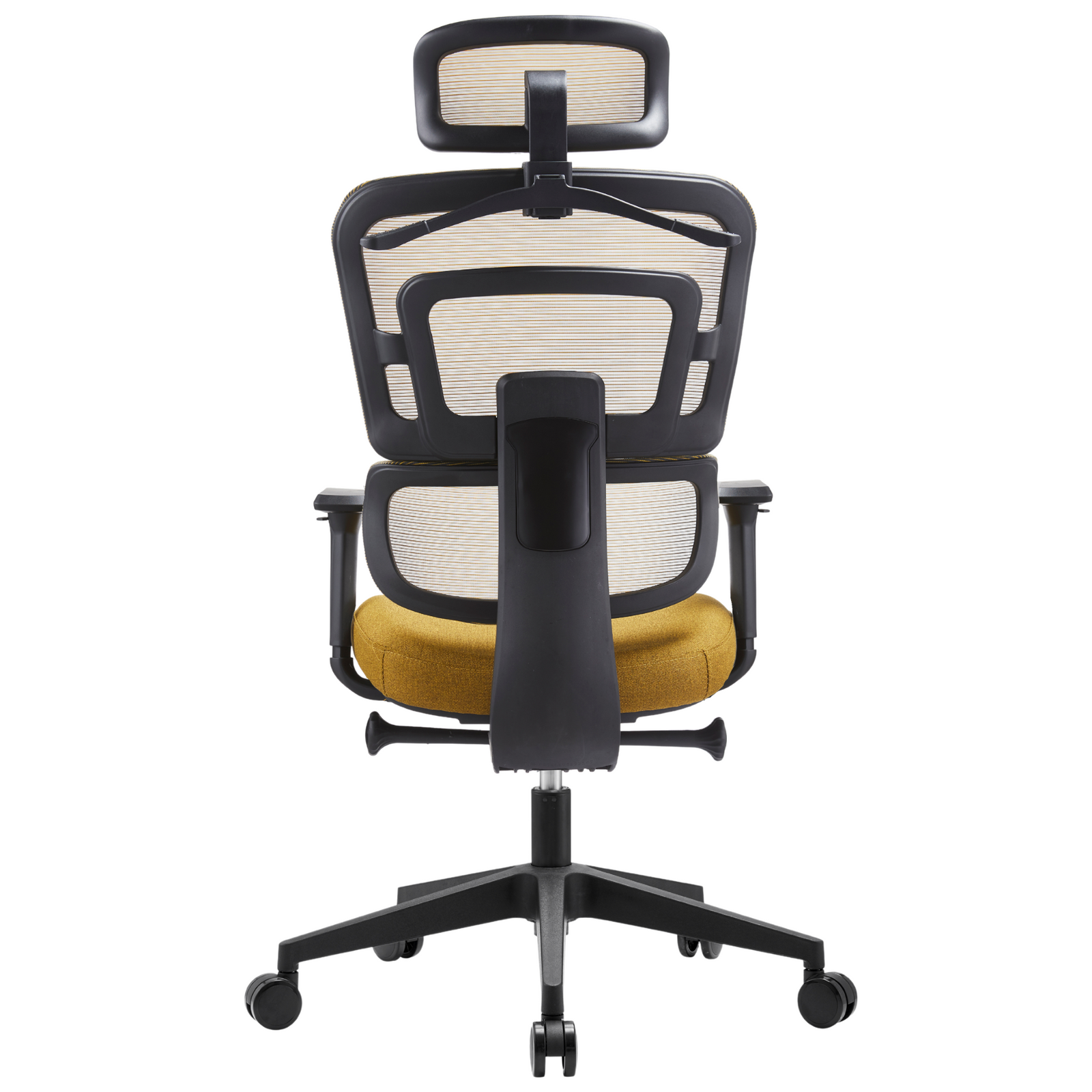Silla Zoe Alta OffiMobile, tapiz Mostaza, base negra, vista posterior