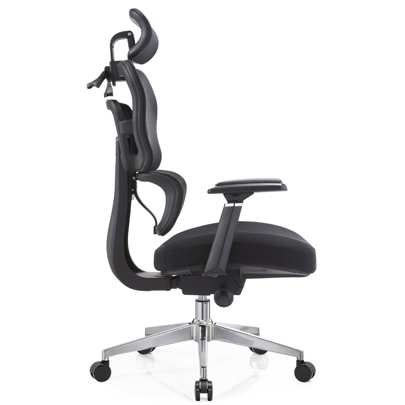 Silla Zoe Alta OffiMobile, tapiz Negro, base cromada, vista lateral