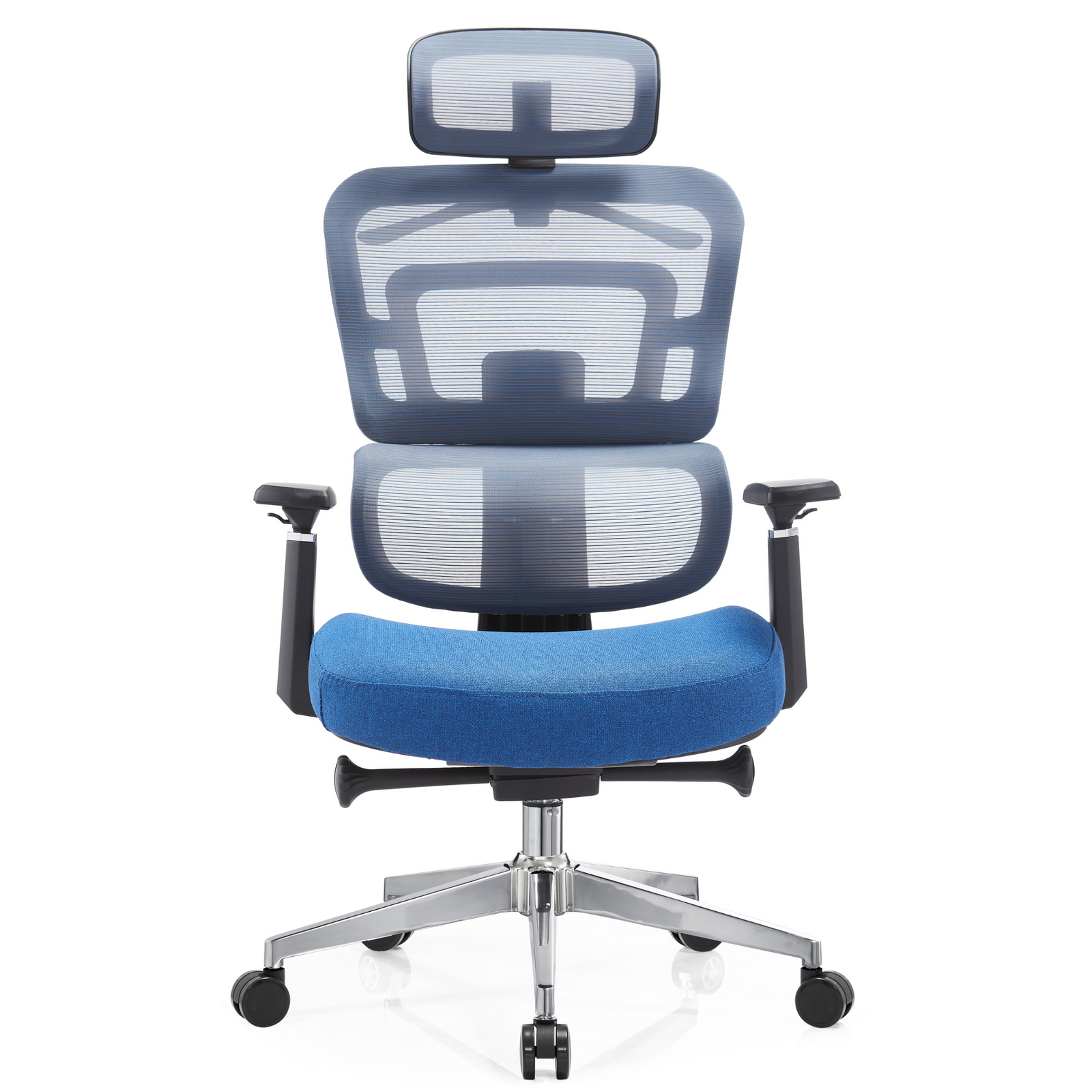 Silla Zoe Alta OffiMobile, tapiz Océano, base cromada, vista frontal