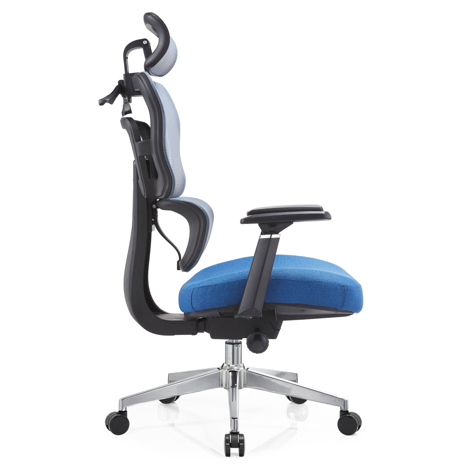 Silla Zoe Alta OffiMobile, tapiz Océano, base cromada, vista lateral