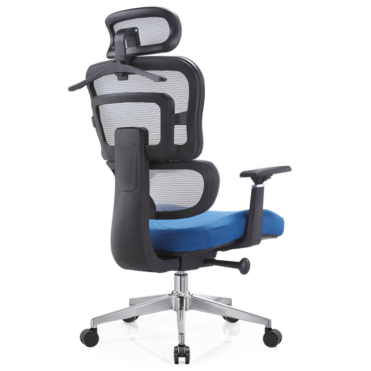 Silla Zoe Alta OffiMobile, tapiz Océano, base cromada, vista posterior oblicua