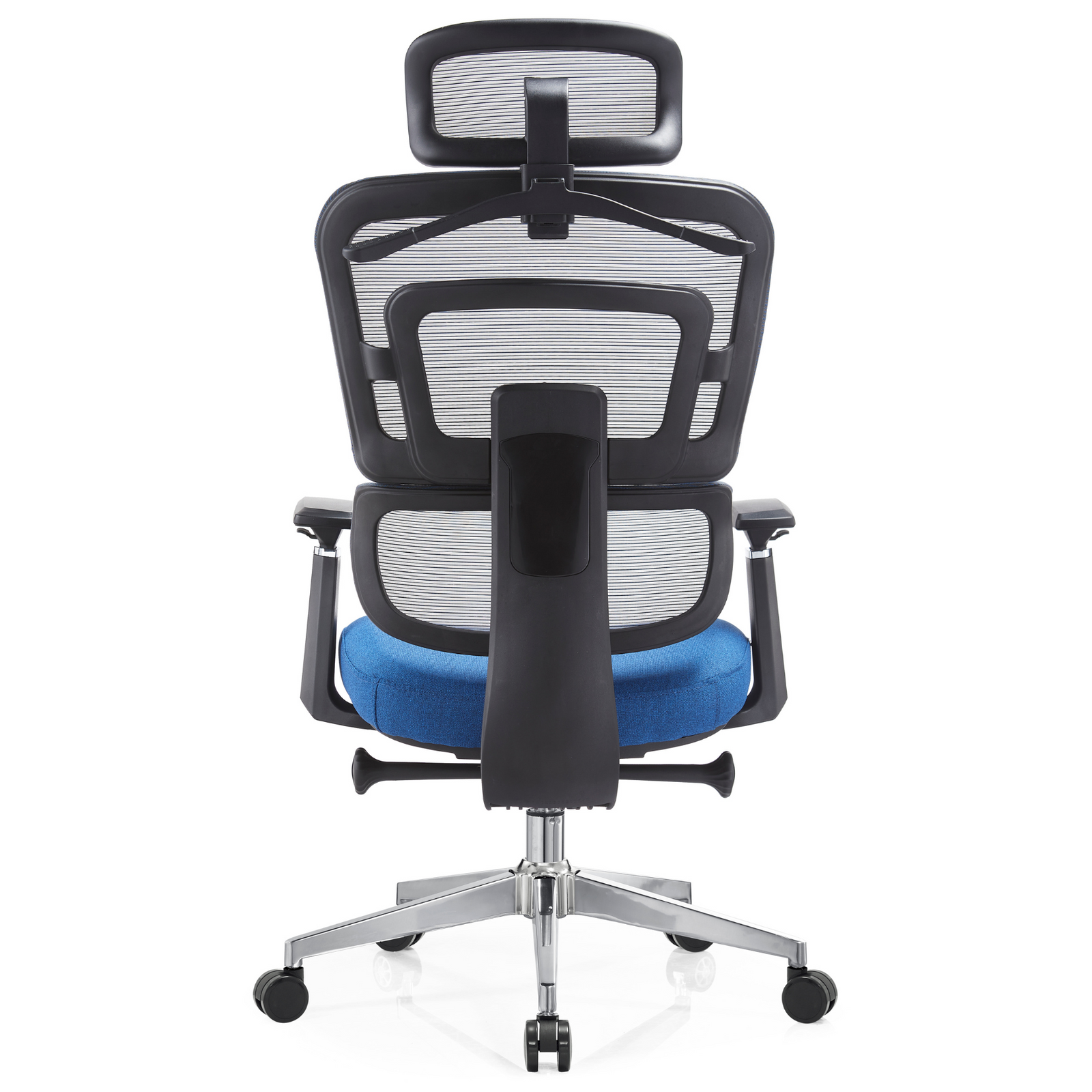 Silla Zoe Alta OffiMobile, tapiz Océano, base cromada, vista posterior