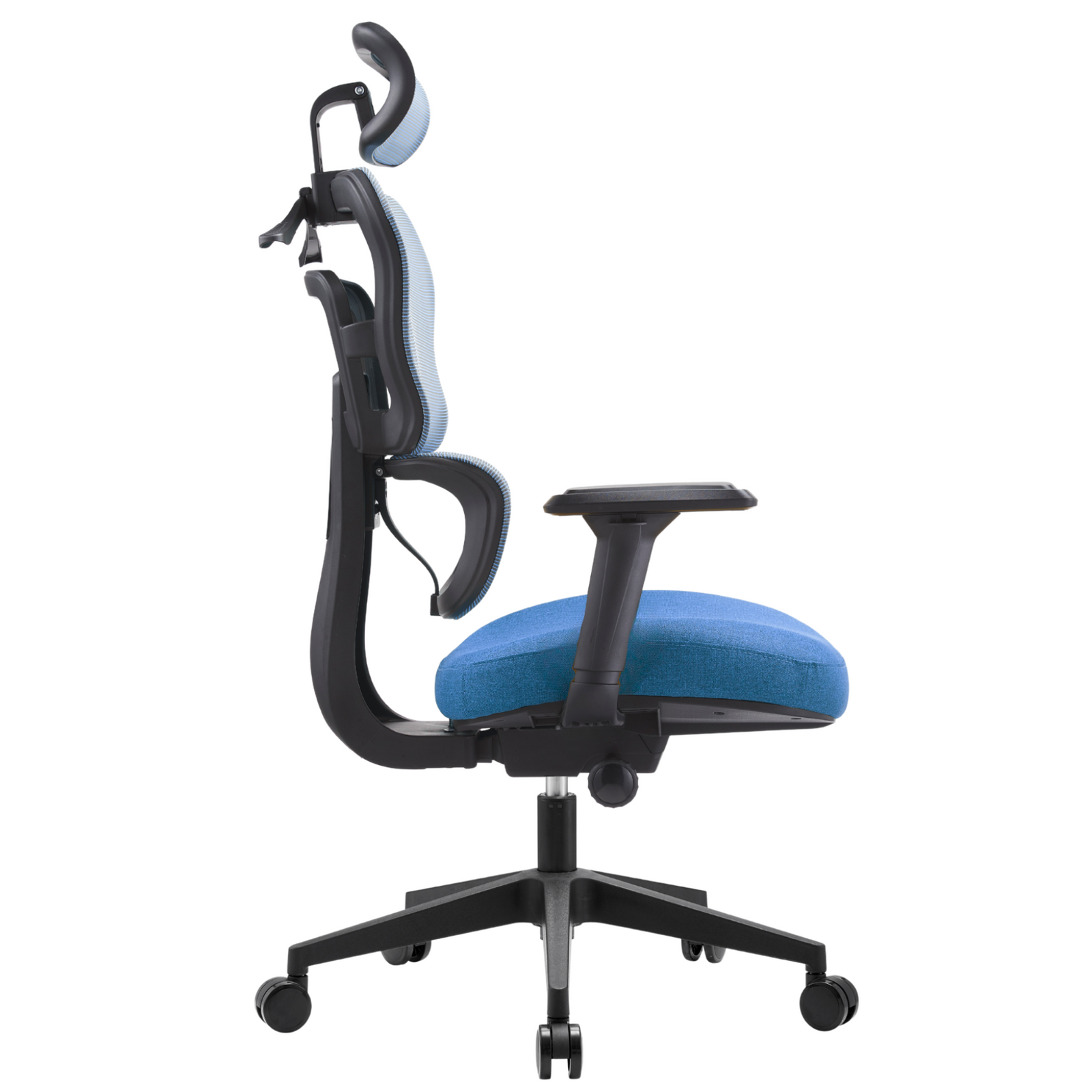 Silla Zoe Alta OffiMobile, tapiz Océano, base negra, vista lateral