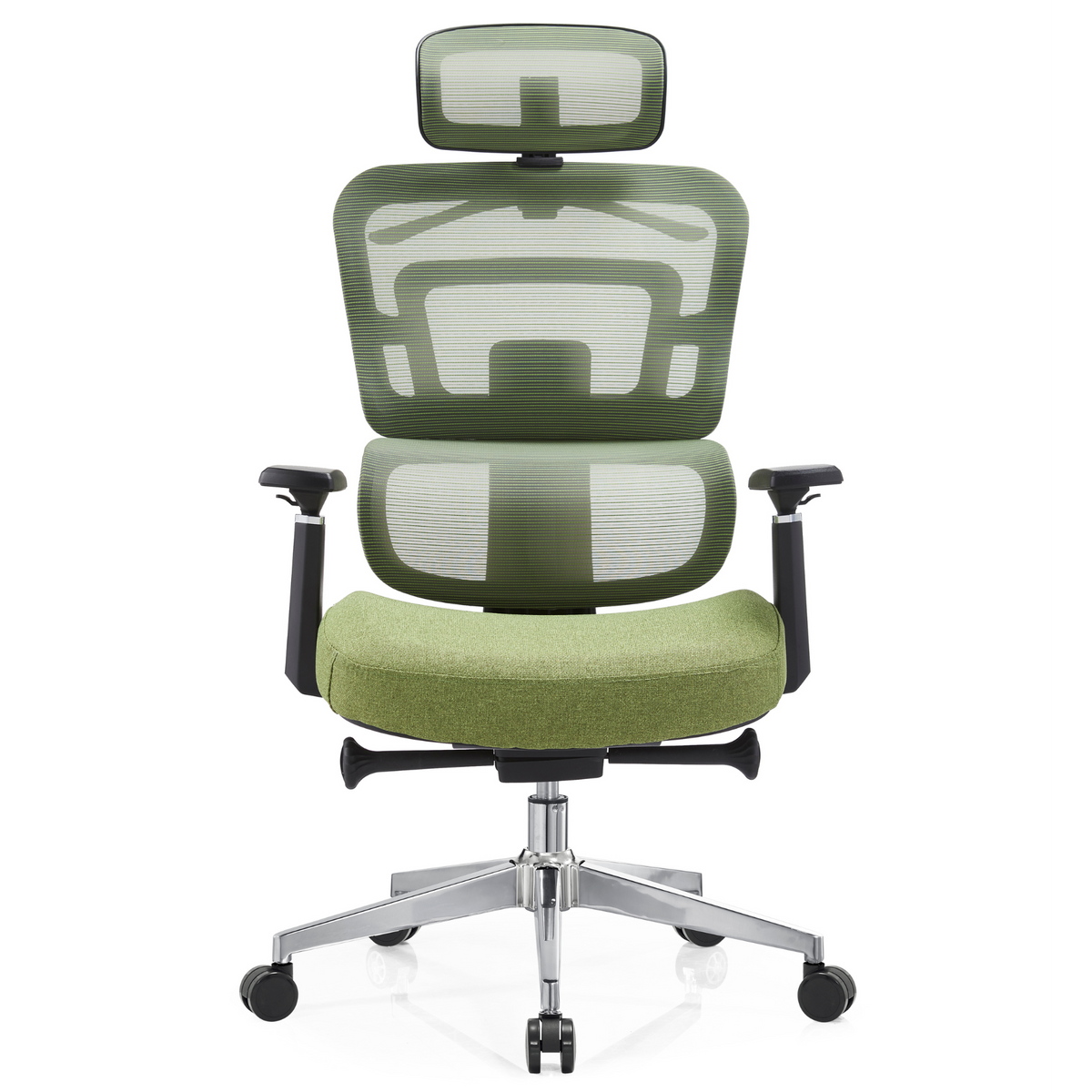 Silla Zoe Alta OffiMobile, tapiz Olivo, base cromada, vista frontal