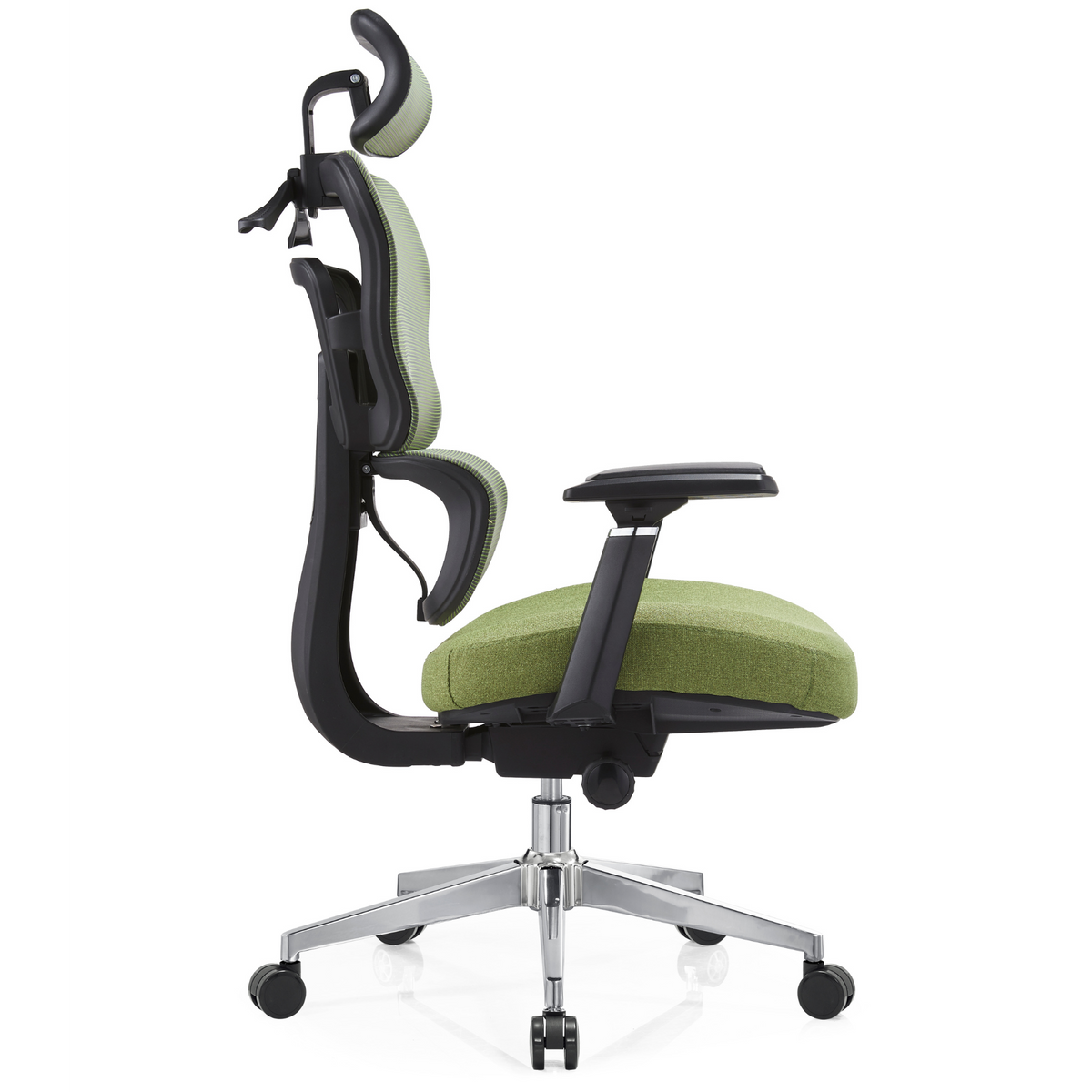 Silla Zoe Alta OffiMobile, tapiz Olivo, base cromada, vista lateral