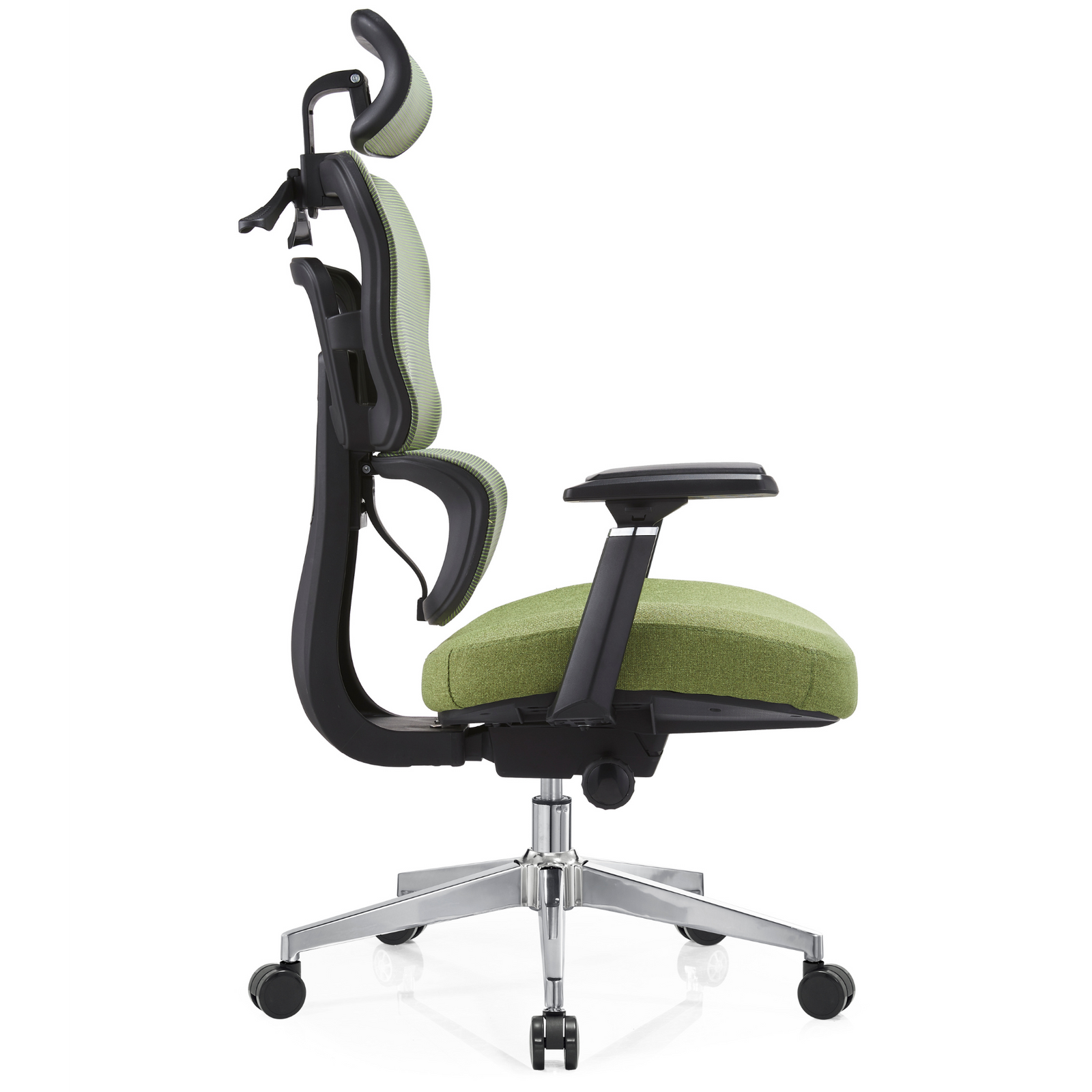 Silla Zoe Alta OffiMobile, tapiz Olivo, base cromada, vista lateral