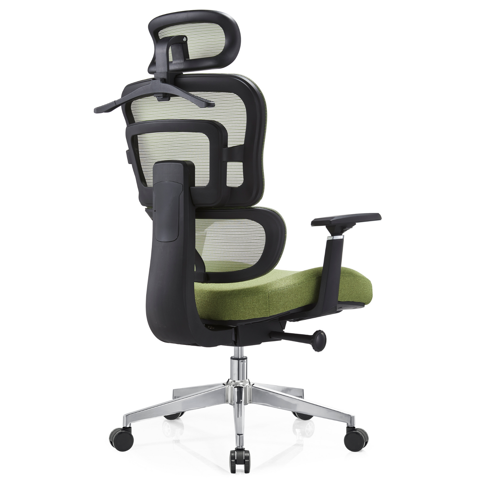 Silla Zoe Alta OffiMobile, tapiz Olivo, base cromada, vista posterior oblicua