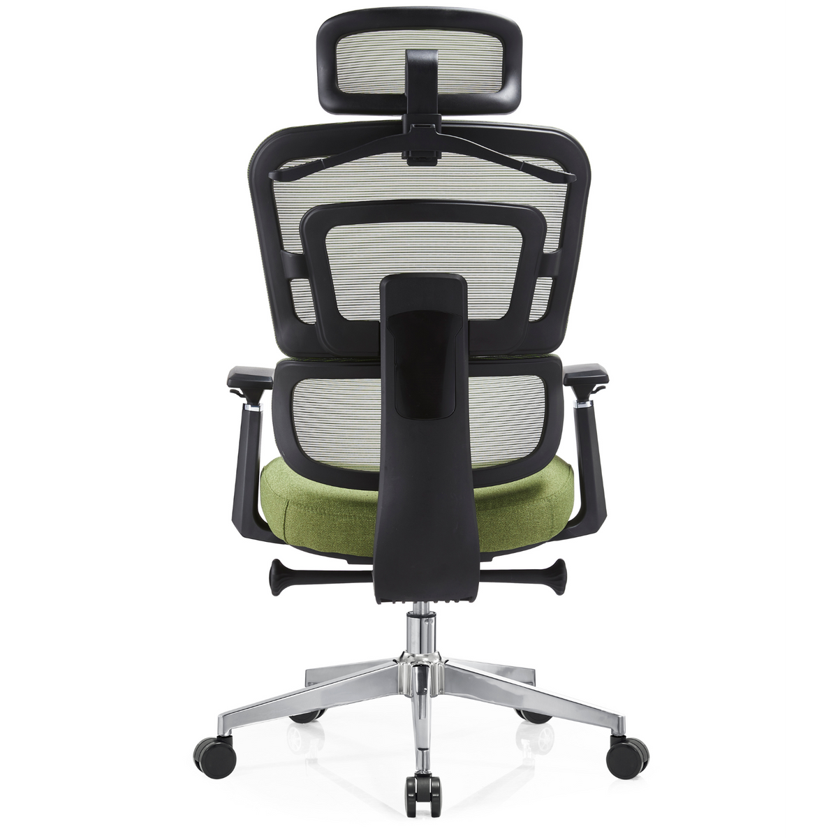 Silla Zoe Alta OffiMobile, tapiz Olivo, base cromada, vista posterior