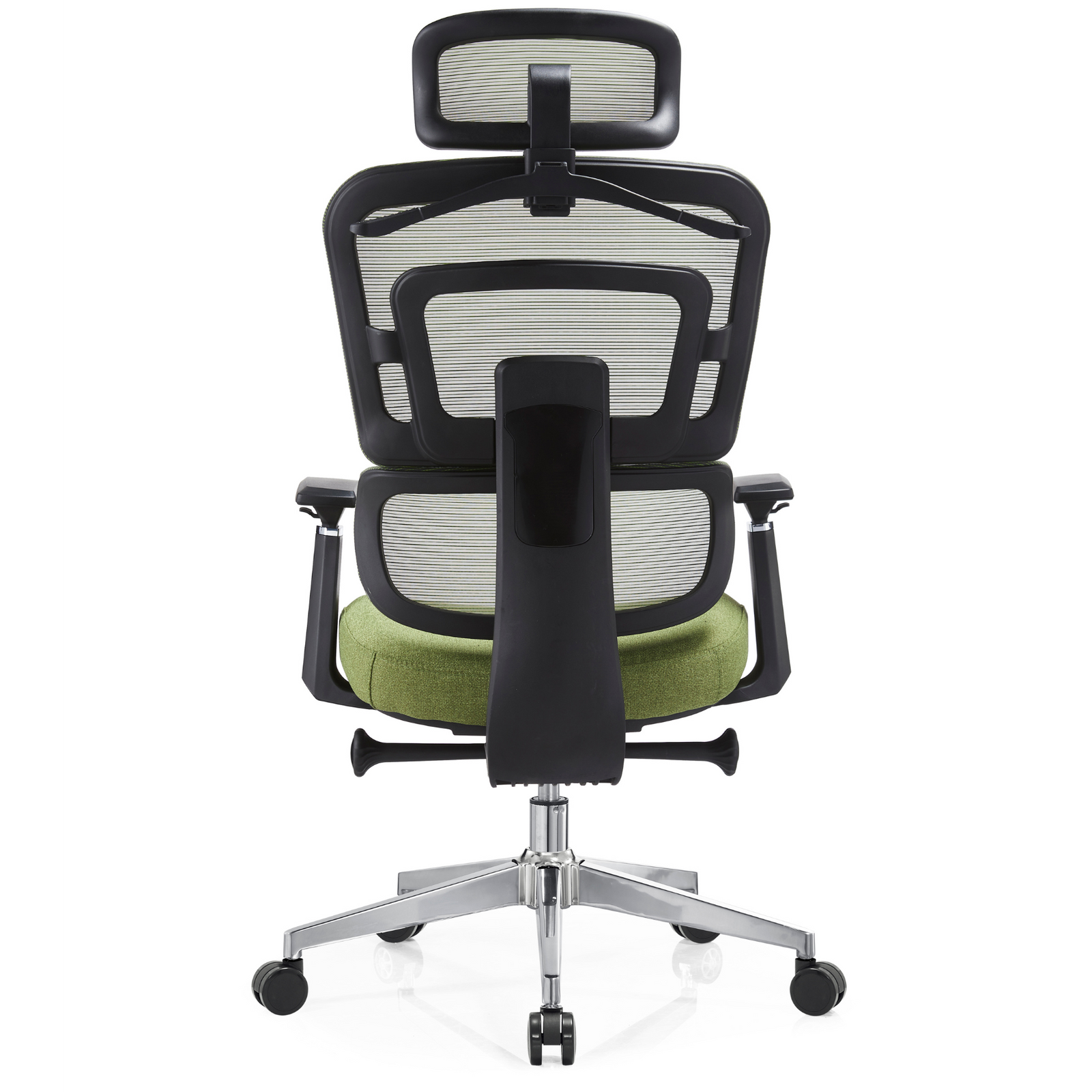 Silla Zoe Alta OffiMobile, tapiz Olivo, base cromada, vista posterior