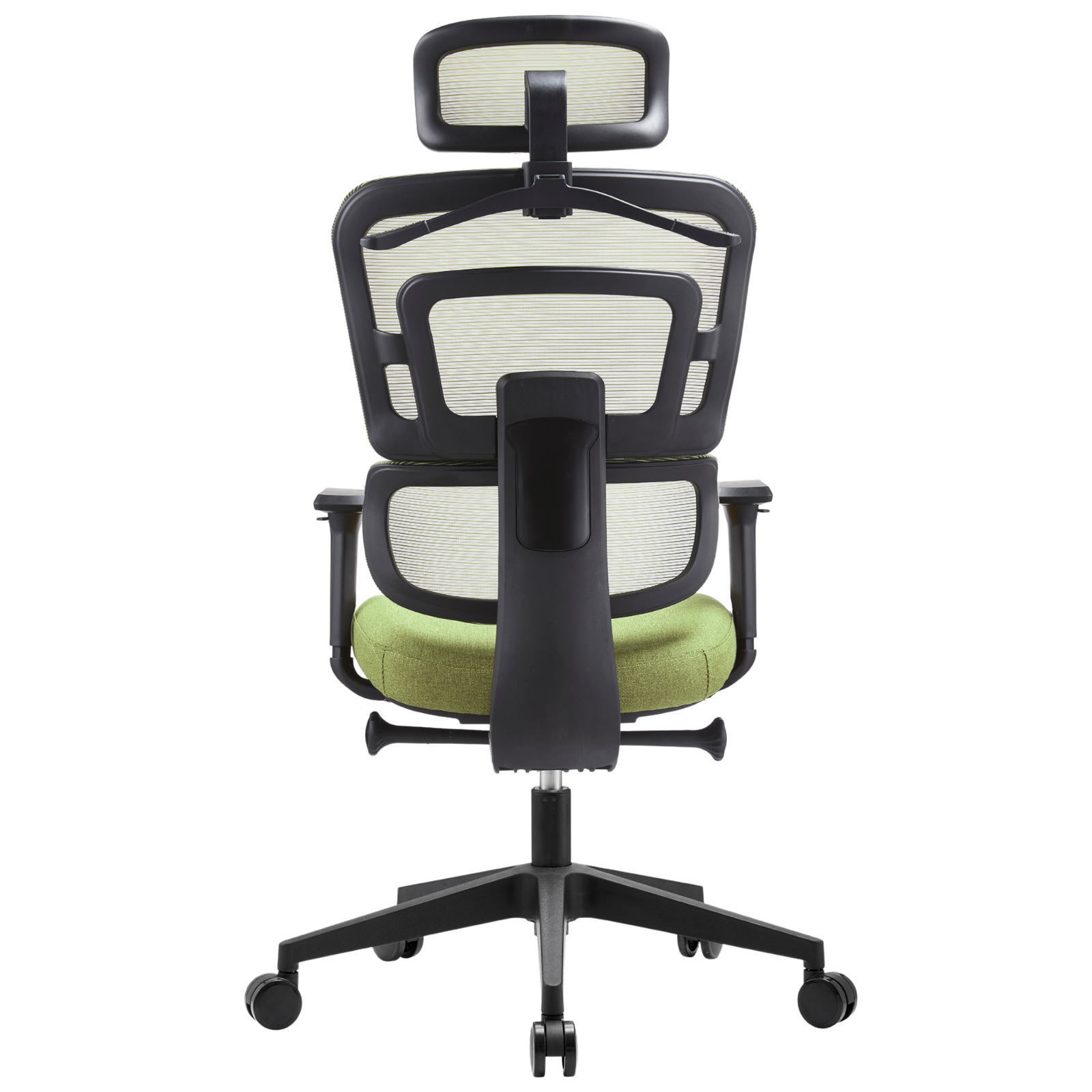 Silla Zoe Alta OffiMobile, tapiz Olivo, base negra, vista posterior