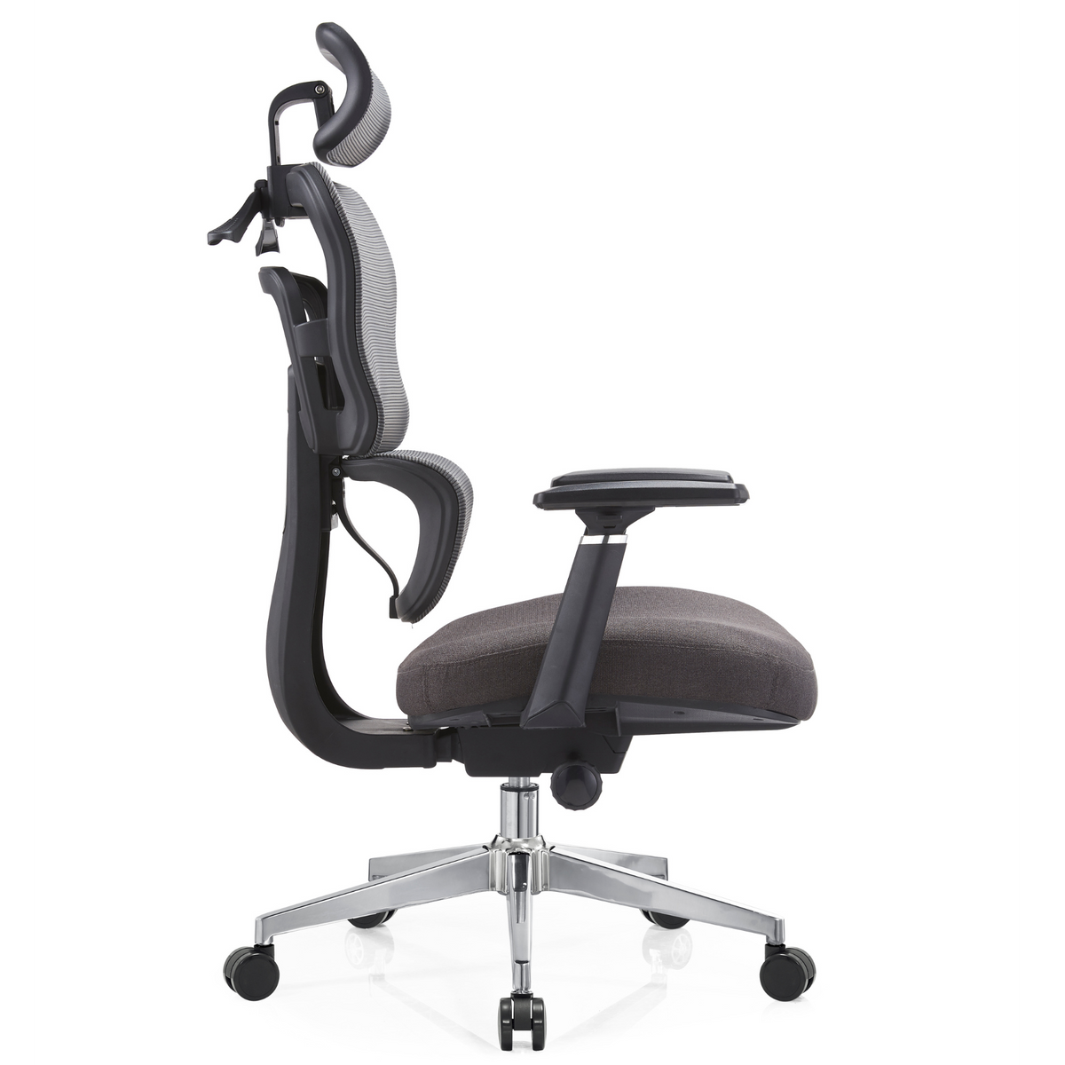 Silla Zoe Alta OffiMobile, tapiz Terracota (Gris), base cromada, vista lateral