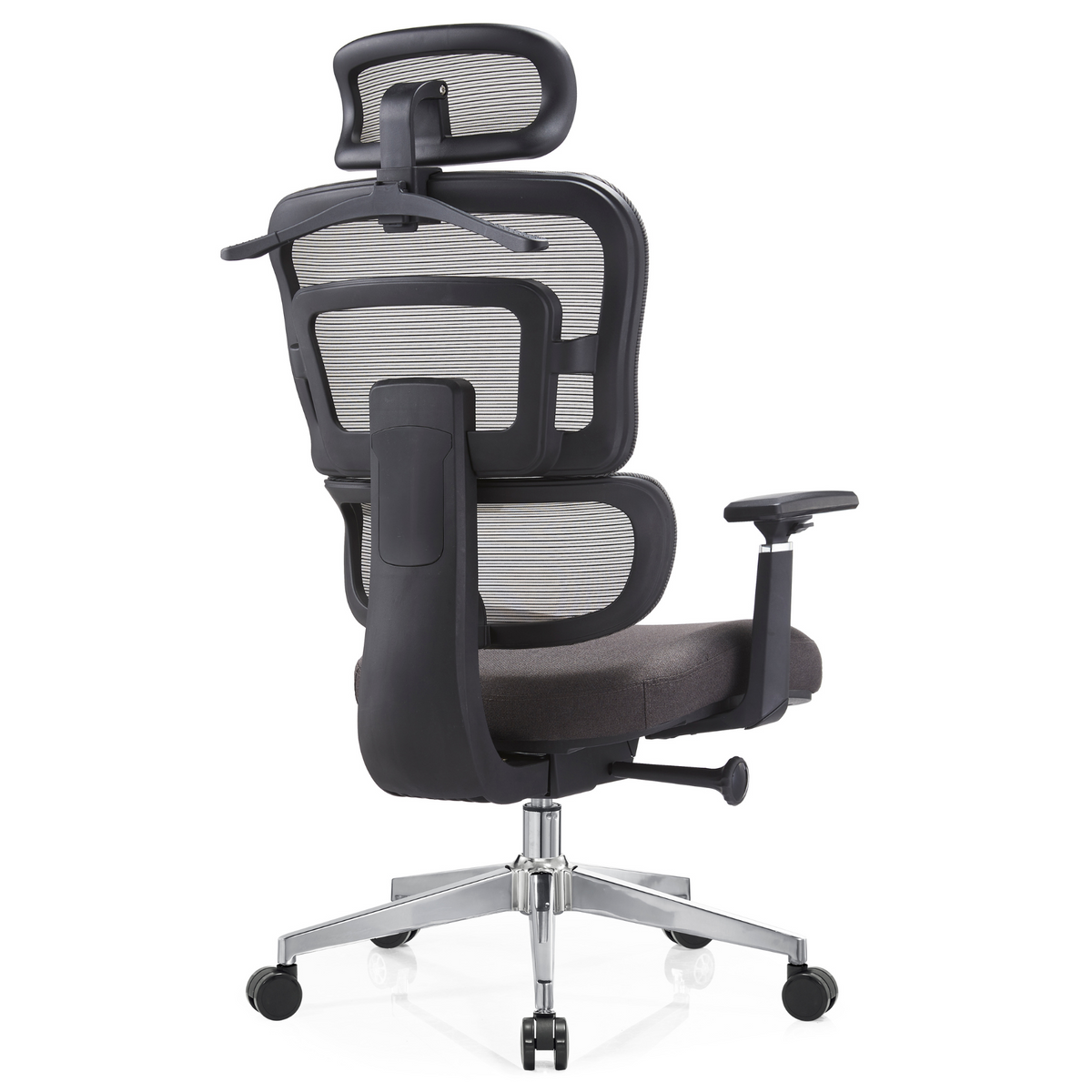 Silla Zoe Alta OffiMobile, tapiz Terracota (Gris), base cromada, vista posterior oblicua