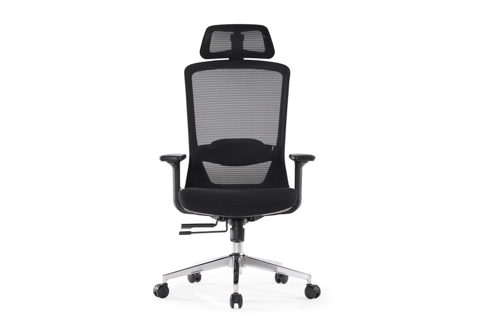 Silla Ejecutiva Kaze Negra Alta OffiMobile, con cabecera y base cromada, vista frontal.