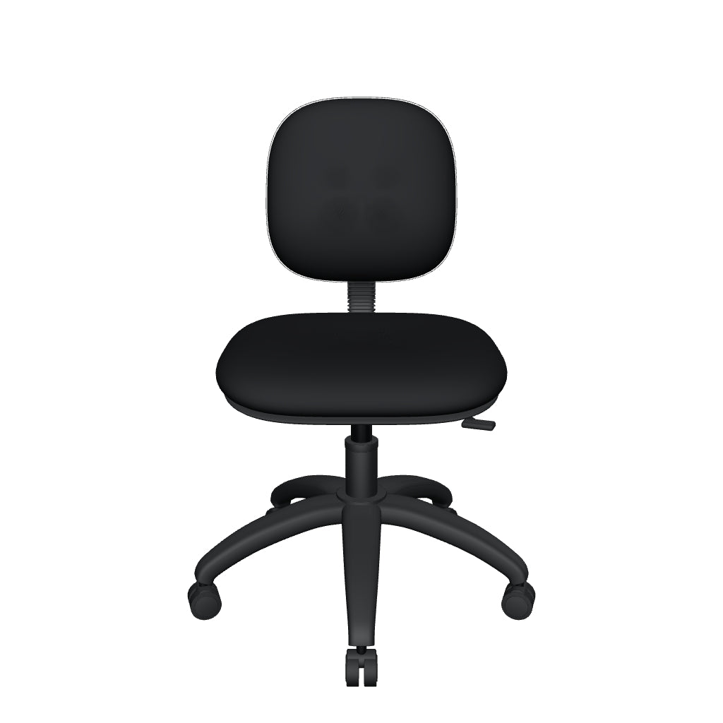 Silla Operativa Ergo OffiMobile — modelo 3D orientativo con base de nylon negro y tapiz negro; dimensiones y detalles aproximados.