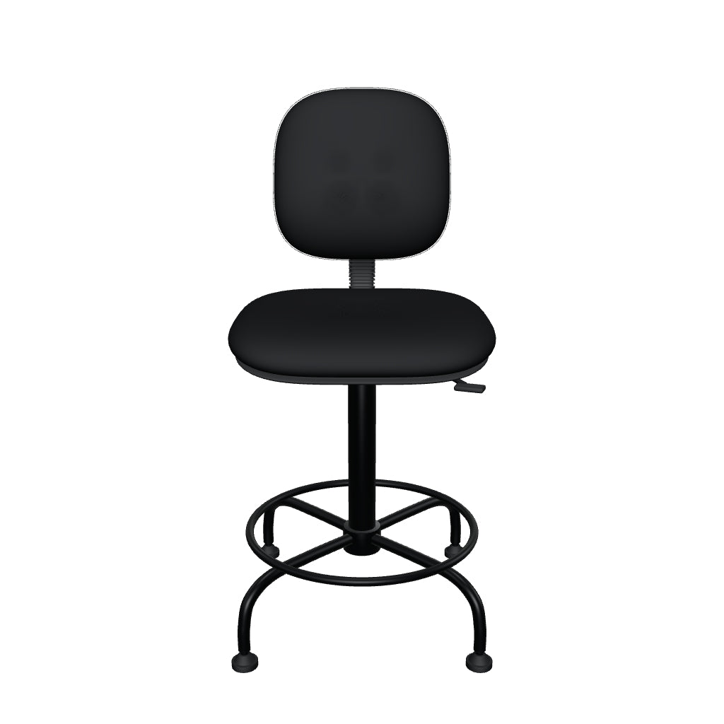 Silla Cajera Ergo 2 OffiMobile — modelo 3D orientativo con tapiz negro, base metálica negra de cuatro patas con regatones y aro integrado; dimensiones y detalles aproximados.