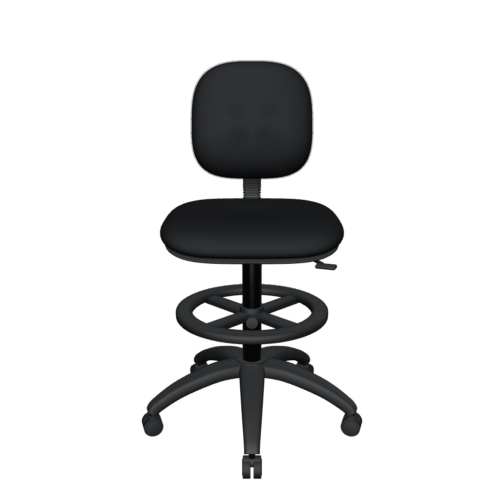 Silla Cajera Ergo N OffiMobile — modelo 3D orientativo con tapiz negro, aro negro y base de nylon con rodajas; dimensiones y detalles aproximados.