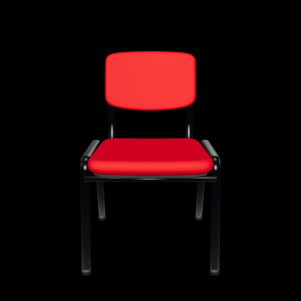 Nezo Tapizada · modelo 3D orientativo con asiento y respaldo acolchados en tela y estructura negra de cuatro patas