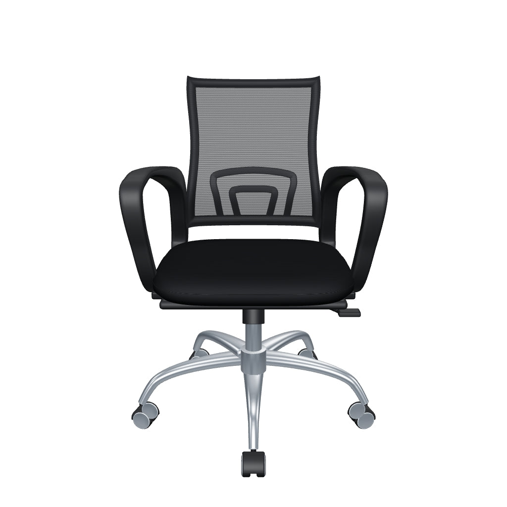 Modelo 3D de silla operativa Tiny negra con base cromada o negra, brazos fijos y respaldo de malla. Reconstrucción visual OffiMobile.