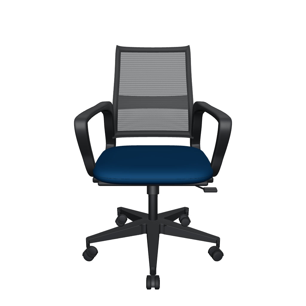 Modelo 3D de silla operativa Zen OffiMobile, asiento en azul, gris, negro o rojo y base negra o cromada. Reconstrucción visual desde fotografías.