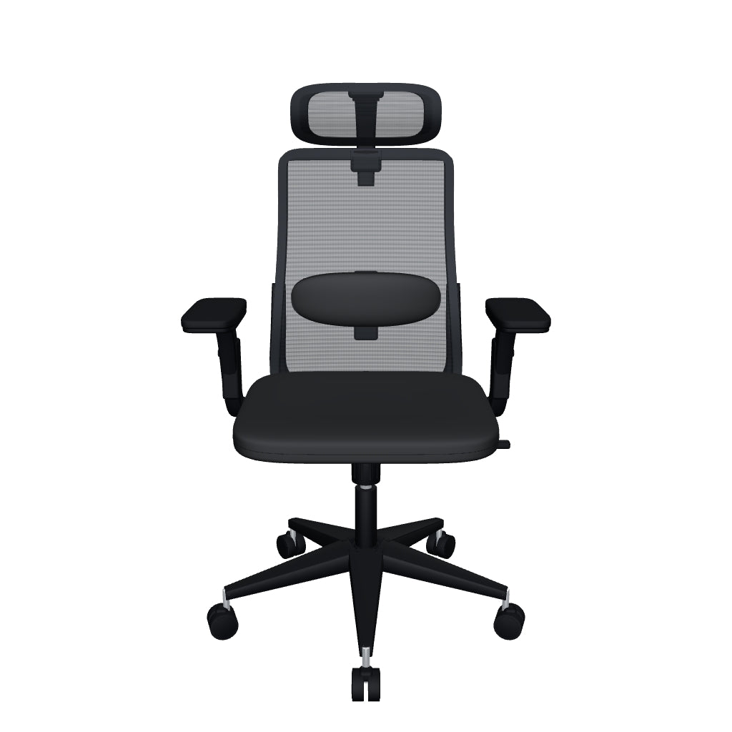 Modelo 3D OffiMobile de silla Bolt Alta negra con base de nylon negra; malla de respaldo y cabecera, asiento y apoyo lumbar de tela