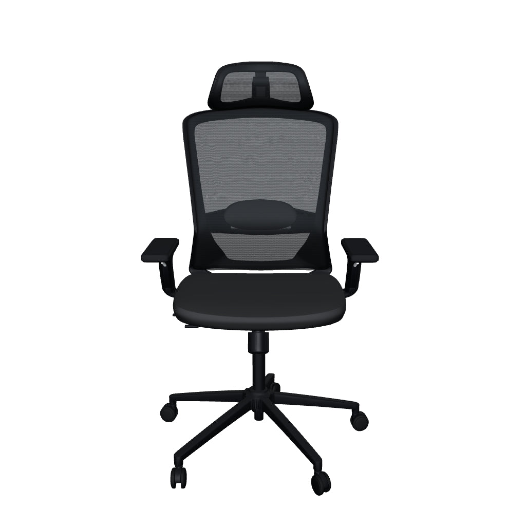 Silla Ejecutiva Kaze Negra Alta OffiMobile. Modelo 3D orientativo, tapizado negro y base configurable negra o cromada en Angle.