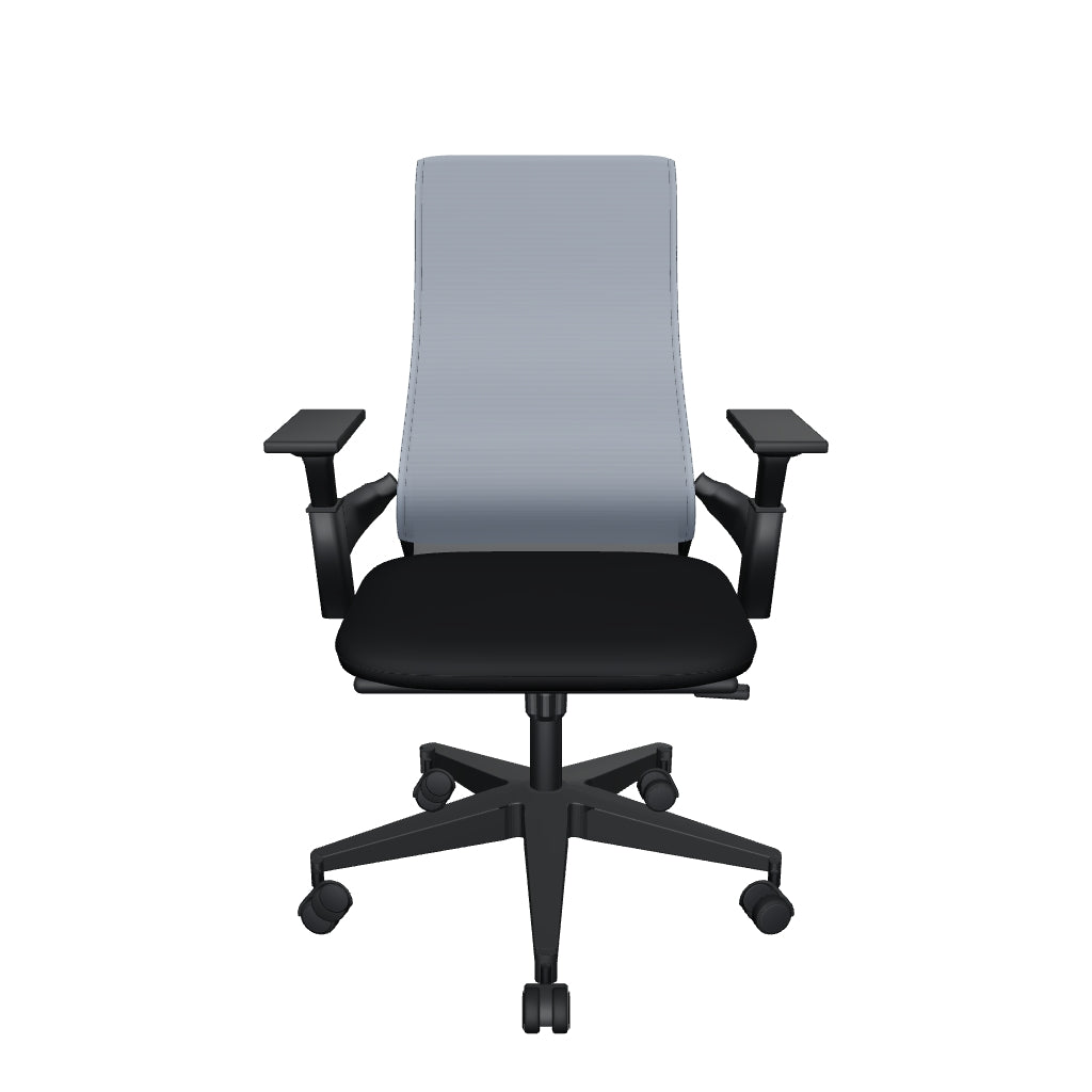 Silla Operativa Lite OffiMobile — modelo 3D orientativo con bases negra angular y cromada curva, brazos fijos corregidos, malla gris y asiento negro. Geometría reconstruida desde fotografías.
