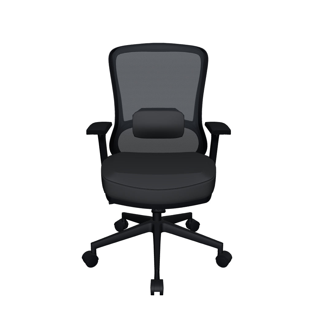 Silla Nicole RB OffiMobile en 3D, con respaldo de malla negra, asiento tapizado, brazos ajustables y base negra o cromada. Modelo orientativo.