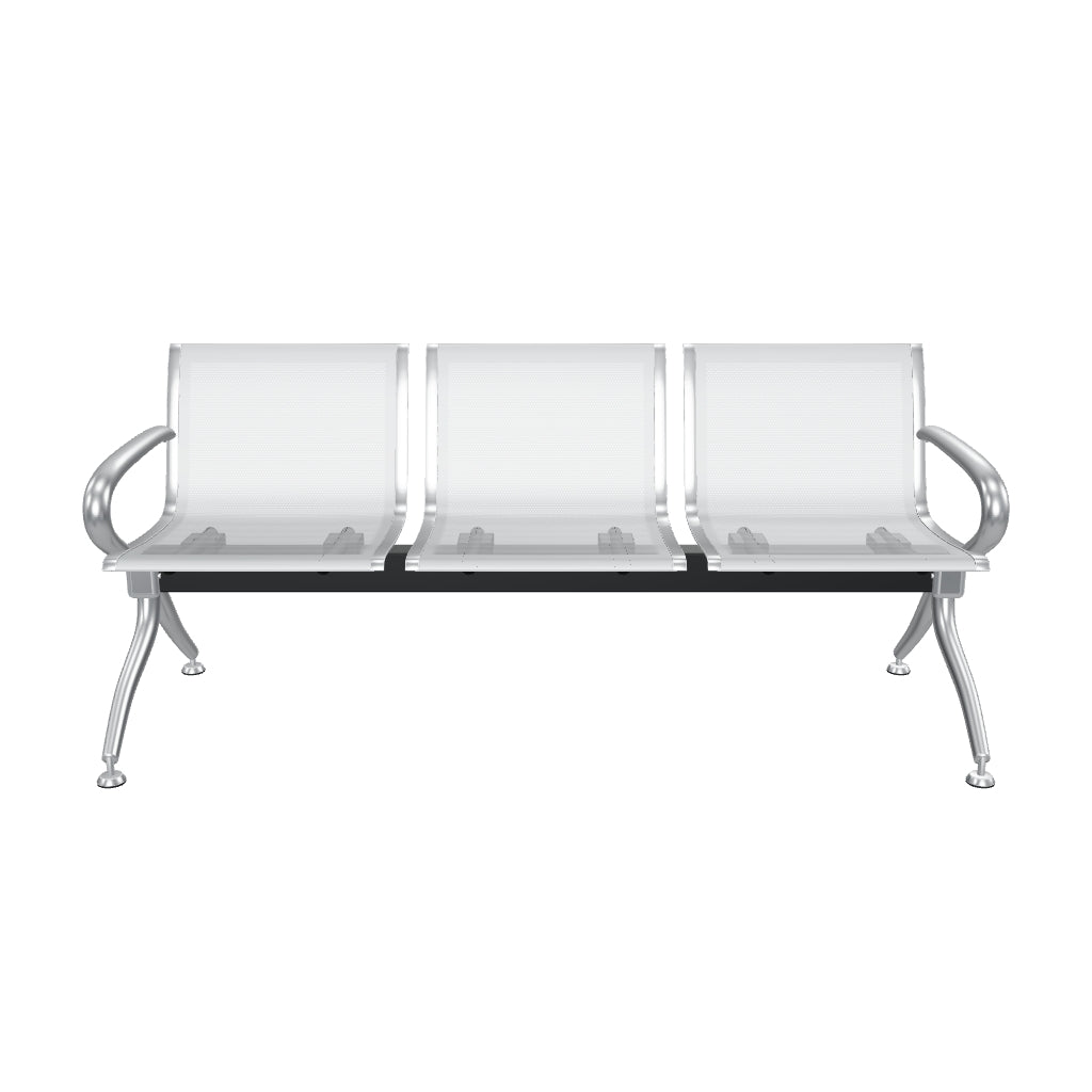 Banca Bench Plus de 3 plazas OffiMobile: modelo 3D orientativo en acero gris perforado, con brazos y patas cromados.