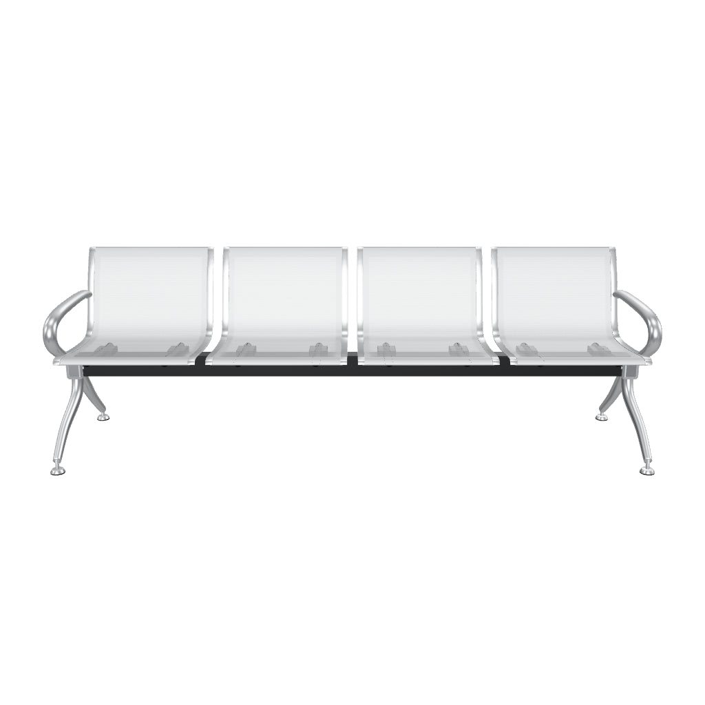 Banca Bench Plus de 4 plazas OffiMobile: modelo 3D orientativo en acero gris perforado, con brazos y patas cromados.