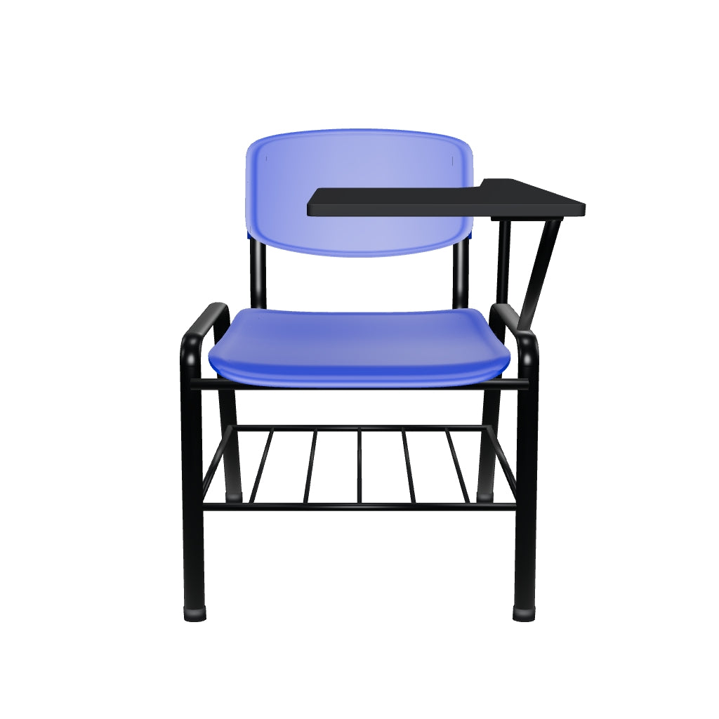 NEZO MB plástico E-71058-2 — modelo 3D orientativo con paleta negra, parrilla portalibros y cuerpo azul o negro; dimensiones parciales aproximadas — OffiMobile